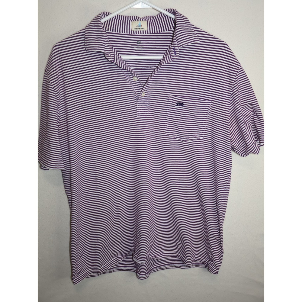 Johnnie-O Hangin Out Mens Large Purple White Striped Short Sleeve Polo Shirt